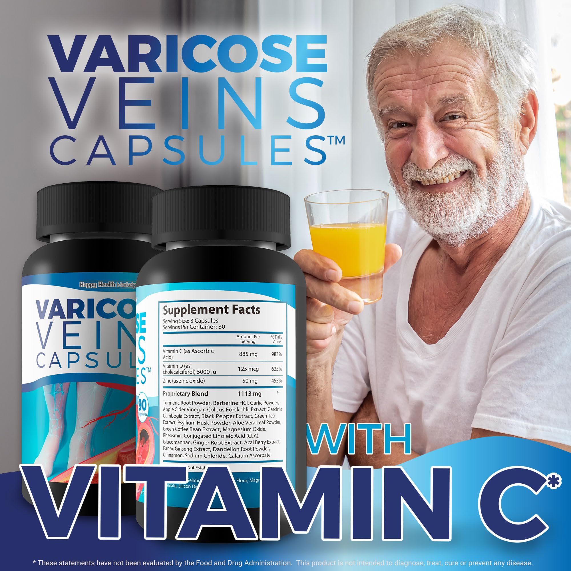Happy Health Varicose Veins Capsules with a measuring spoon
