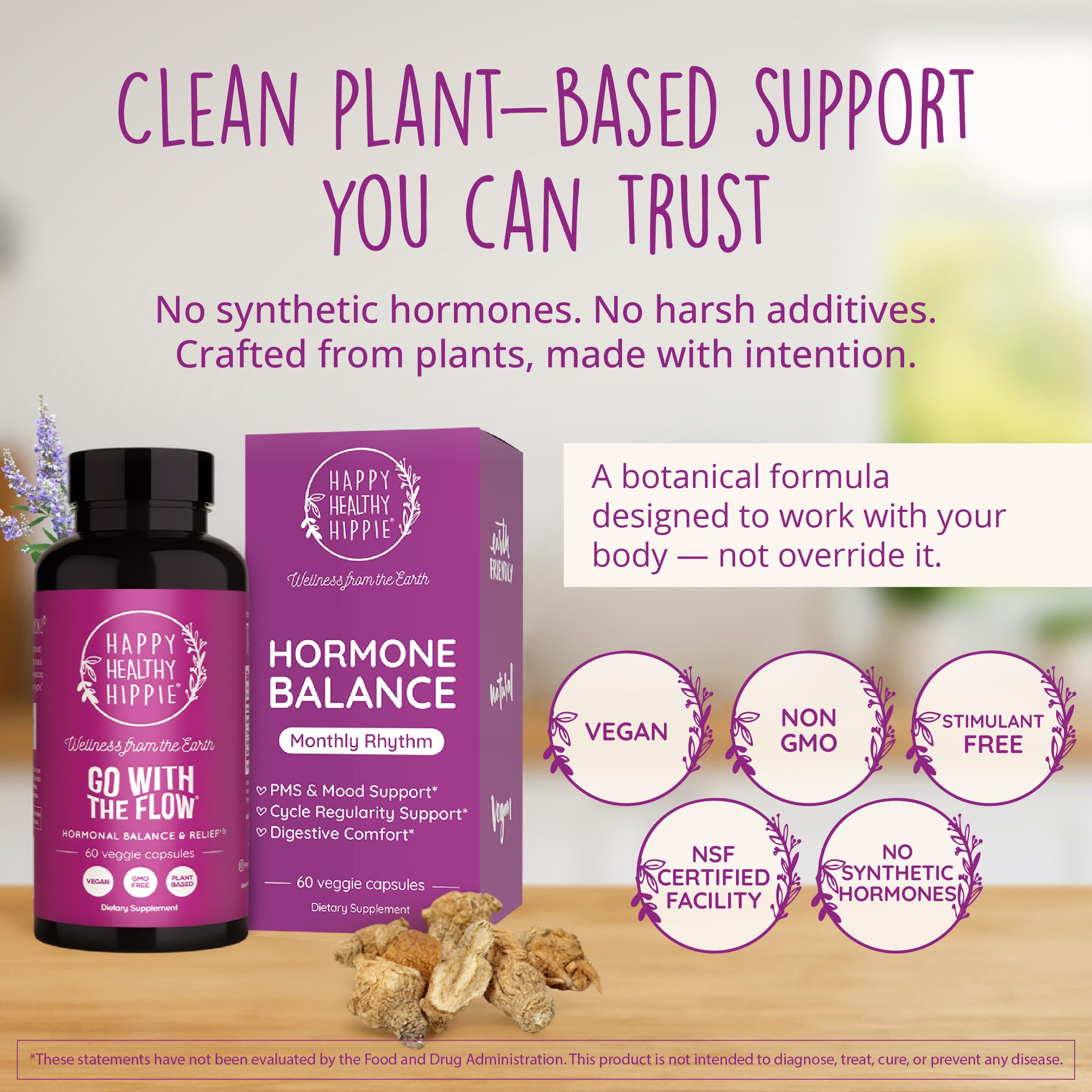 Happy Healthy Hippie Go With The Flow DIM Supplement capsules on a table