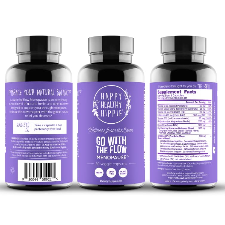 Happy Healthy Hippie Go With The Flow Menopause Supplement with natural background