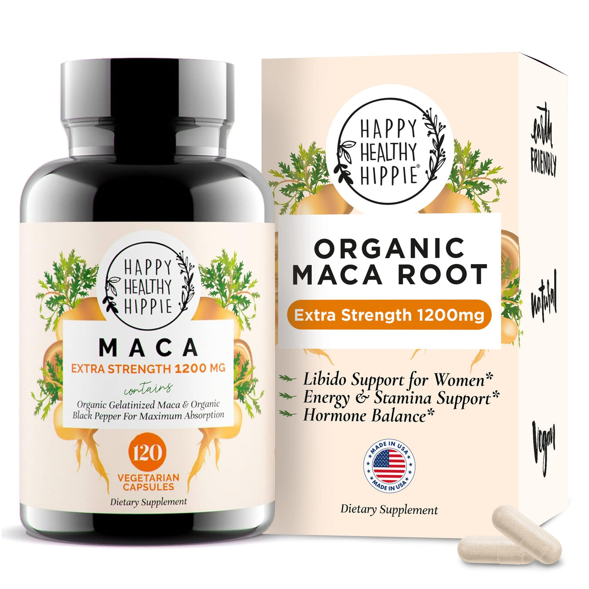 Happy Healthy Hippie Maca Root Capsules 1200mg front view