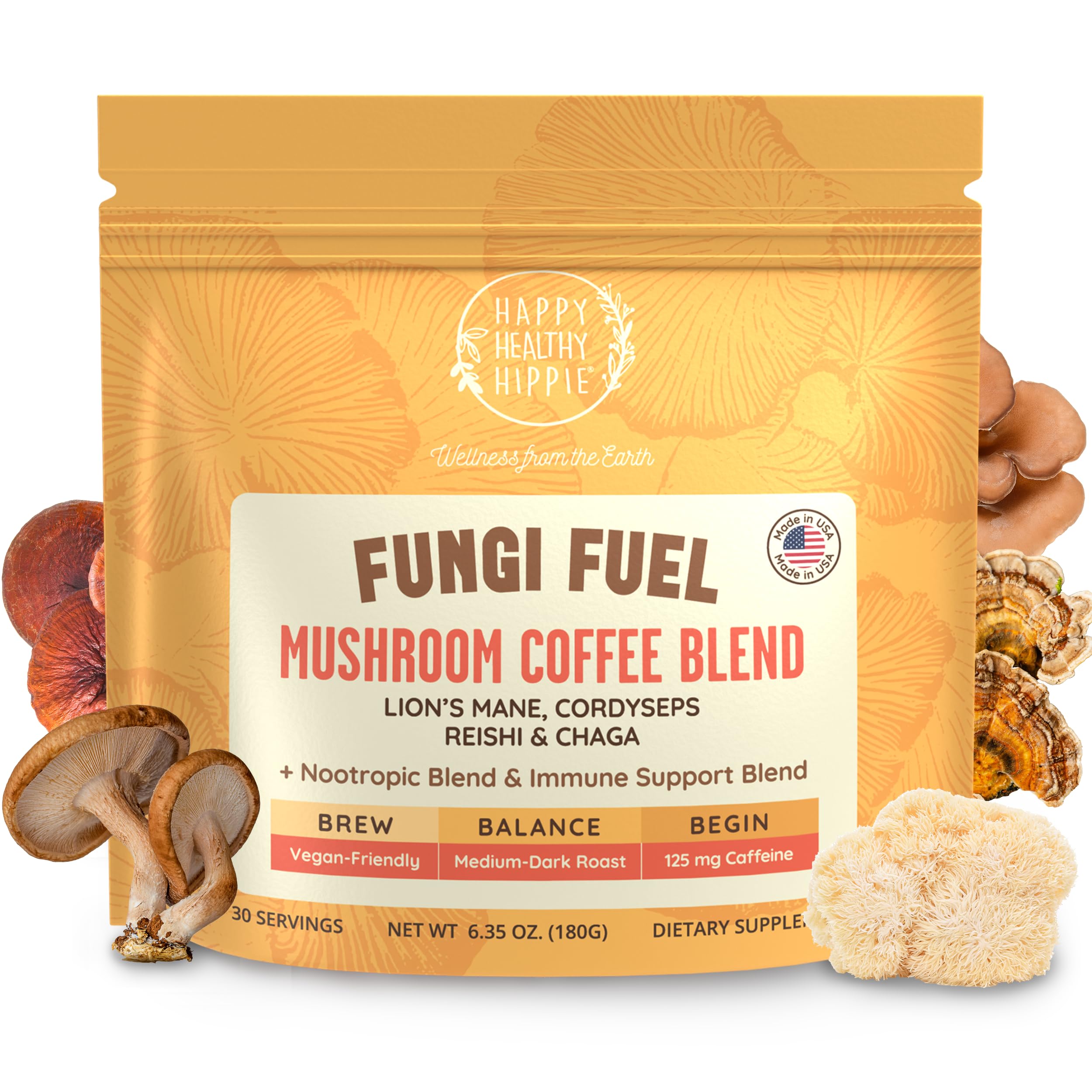 Happy Healthy Hippie Mushroom Coffee front view packaging