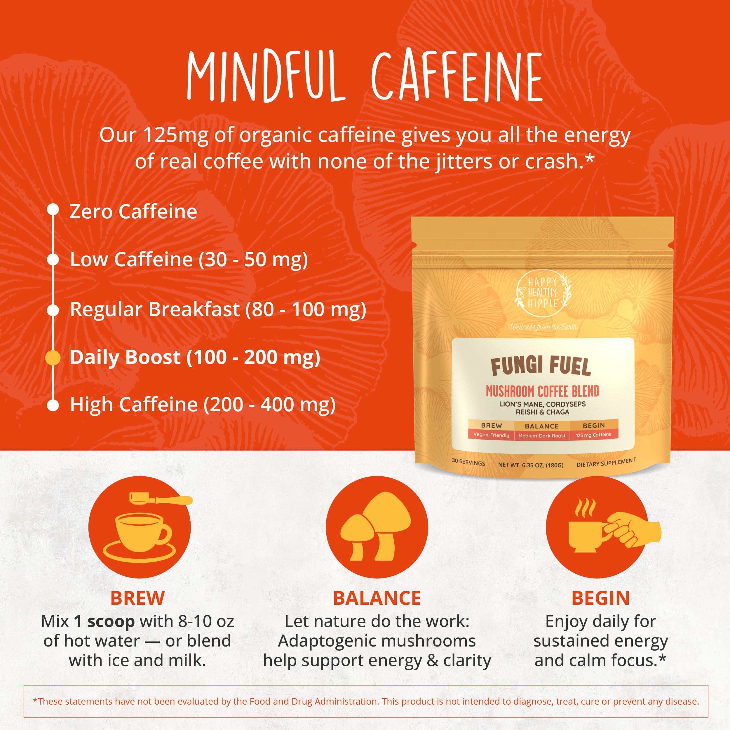 Happy Healthy Hippie Mushroom Coffee showing nootropic ingredients