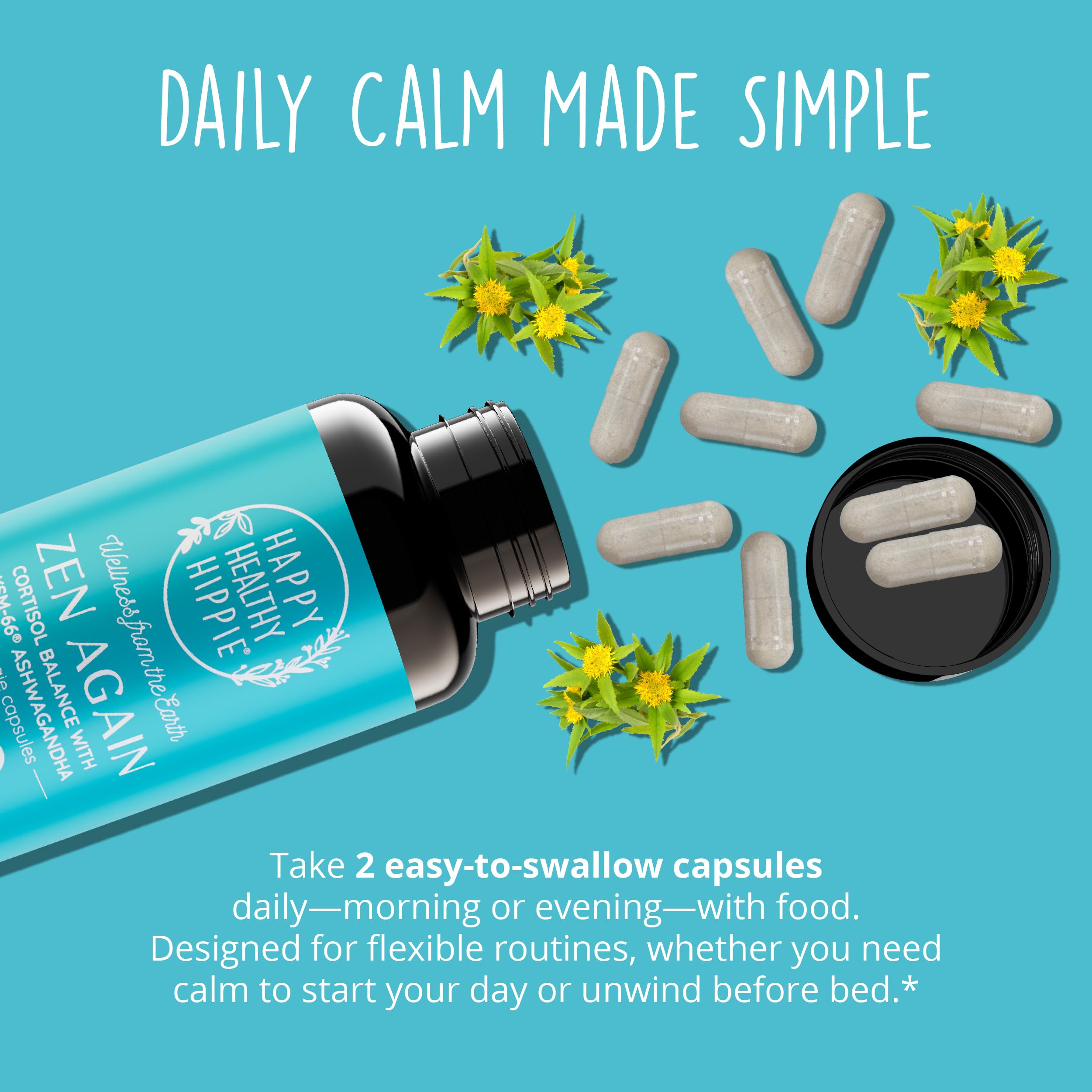 Happy Healthy Hippie Zen Again Ashwagandha supplement in lifestyle setting