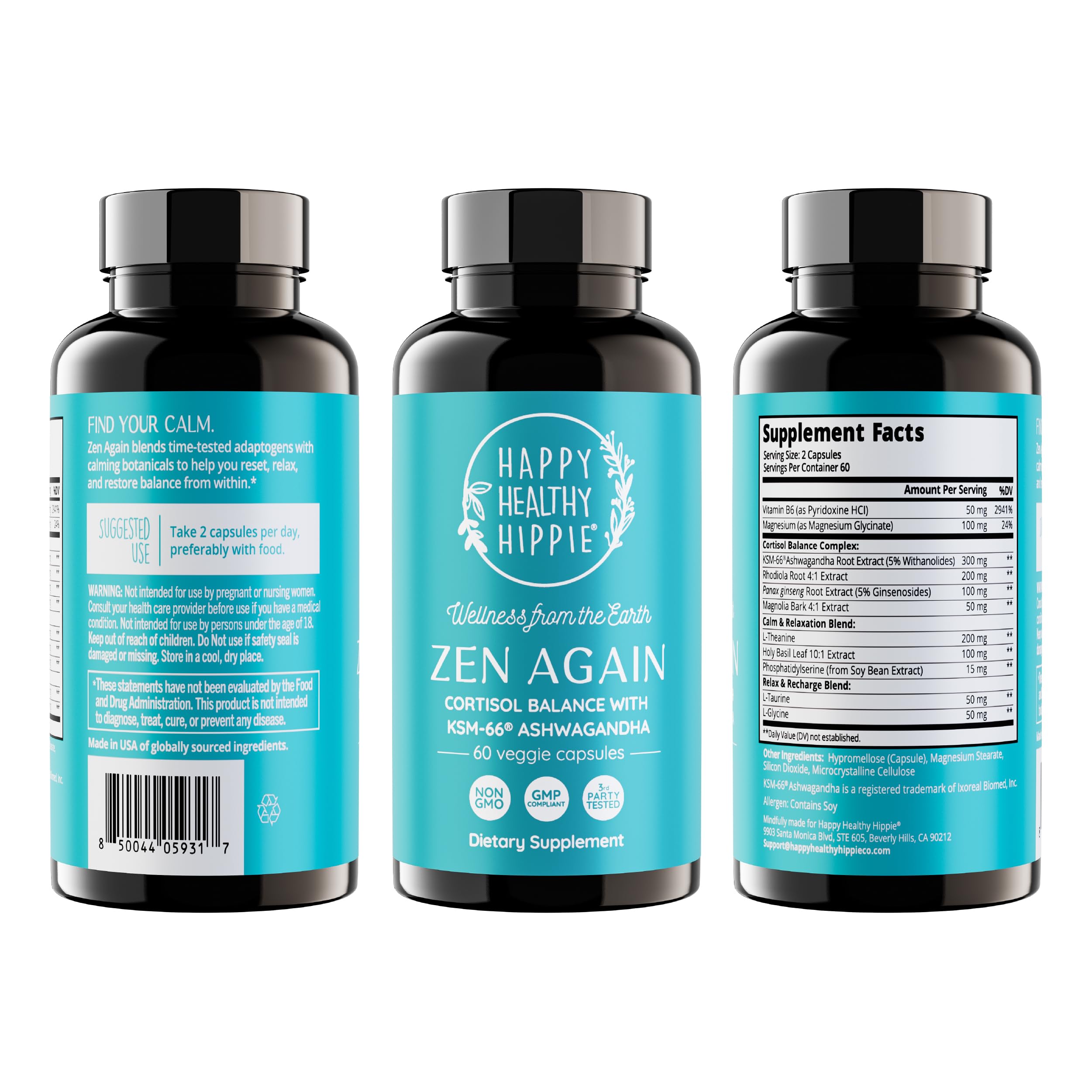 Happy Healthy Hippie Zen Again Ashwagandha supplement with measuring spoon
