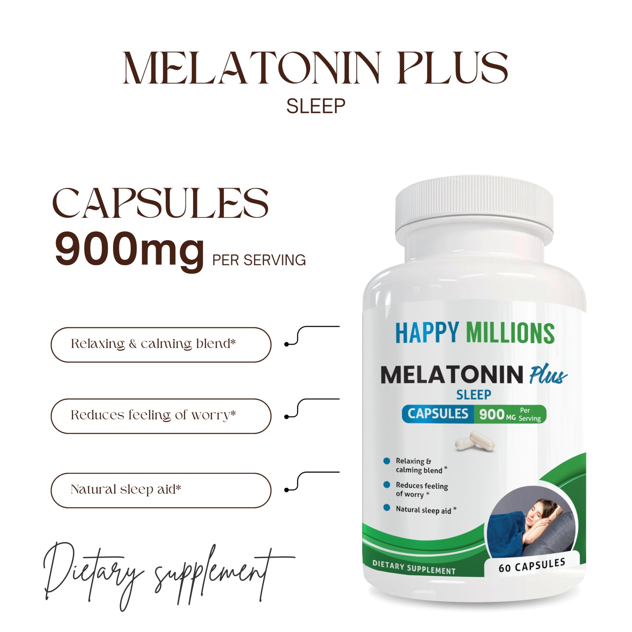 HAPPY MILLIONS Melatonin Plus 10mg capsules side view
