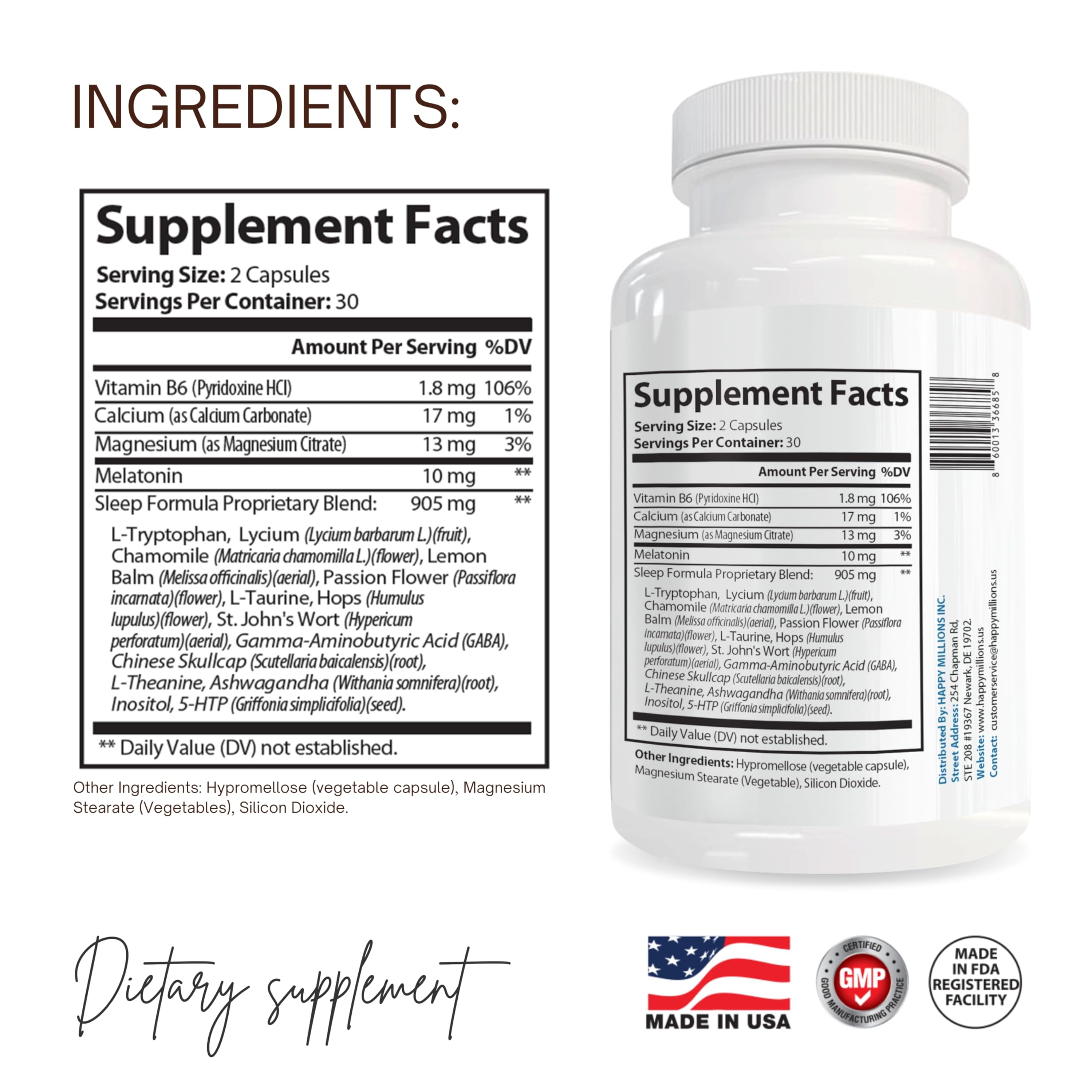 HAPPY MILLIONS Melatonin Plus 10mg capsules with measuring spoon
