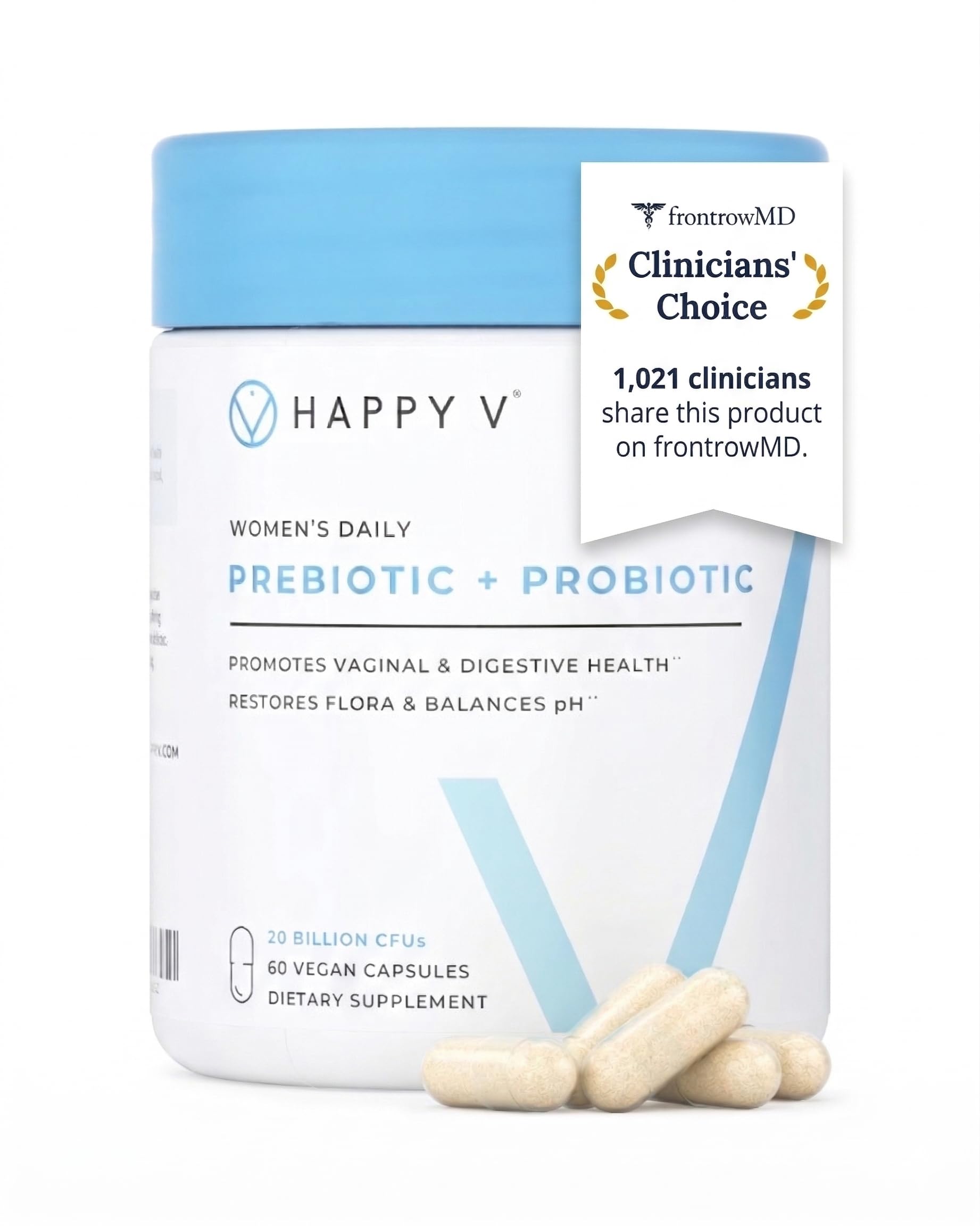 Happy V Women's Probiotic Supplement 30 capsules front view