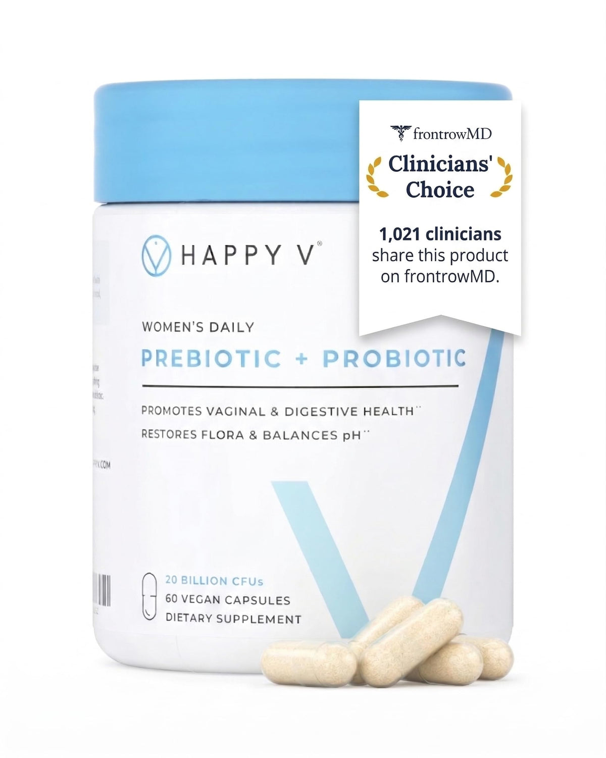 Happy V Women's Probiotic Supplement 30 capsules front view