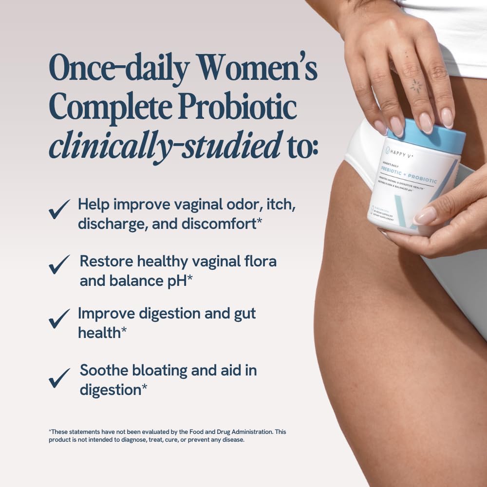 Happy V Women's Probiotic Supplement side view with label