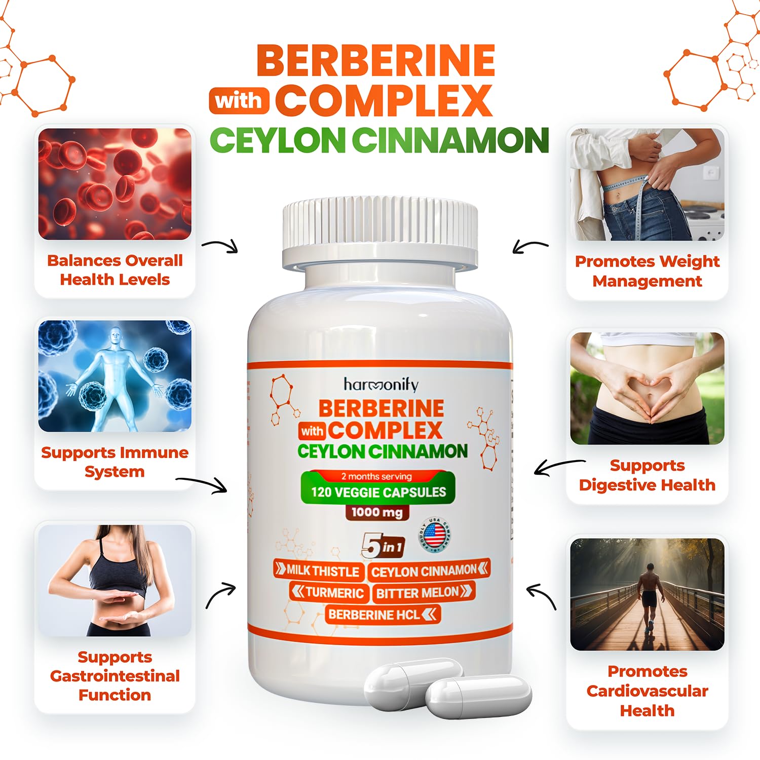 HARMONIFY Berberine Supplement capsules on a wooden surface