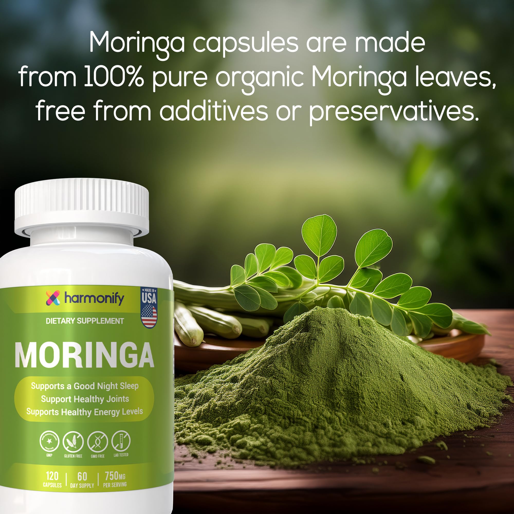 HARMONIFY Moringa Capsules bottle with measuring spoon and capsules