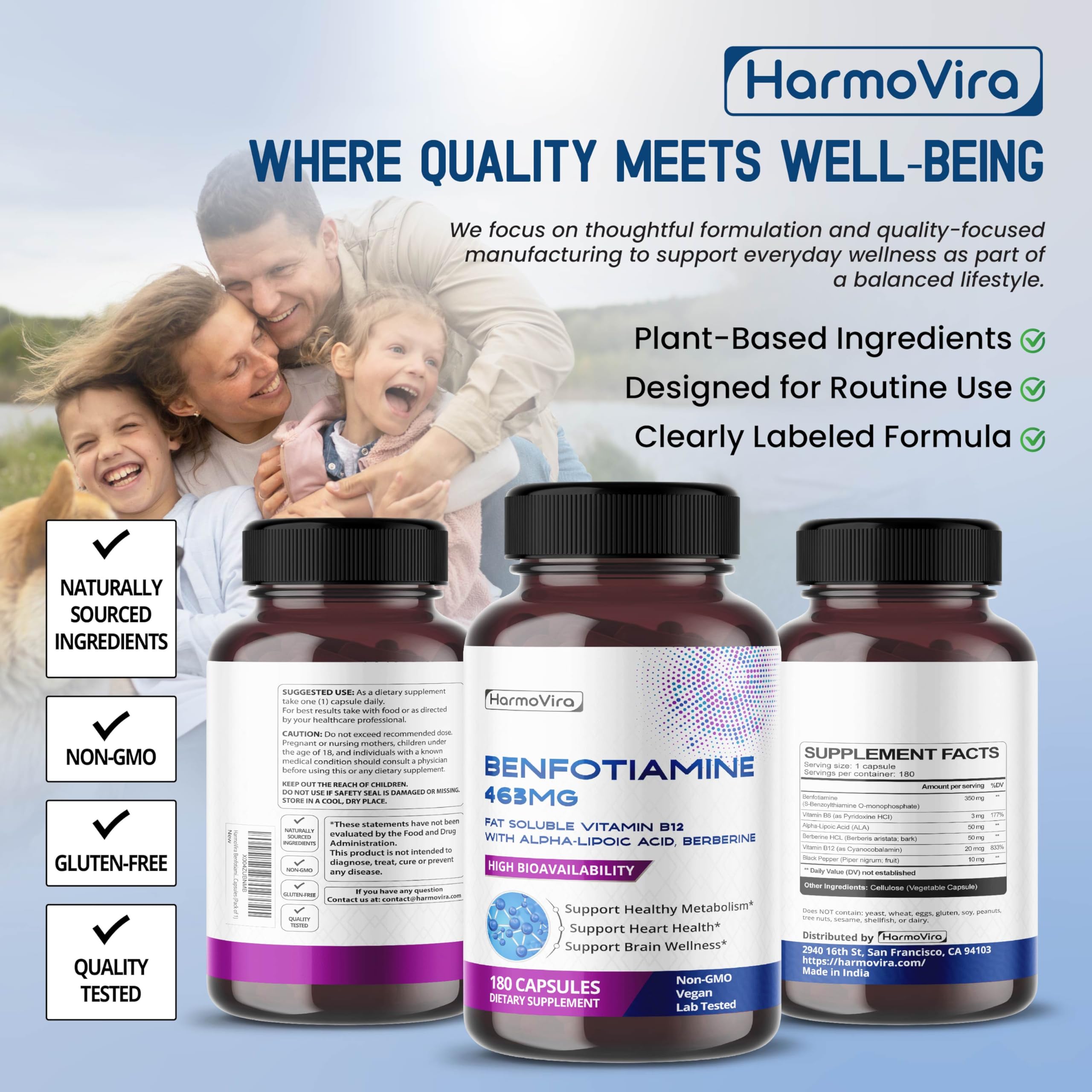 HarmoVira Benfotiamine Capsules on a wooden table