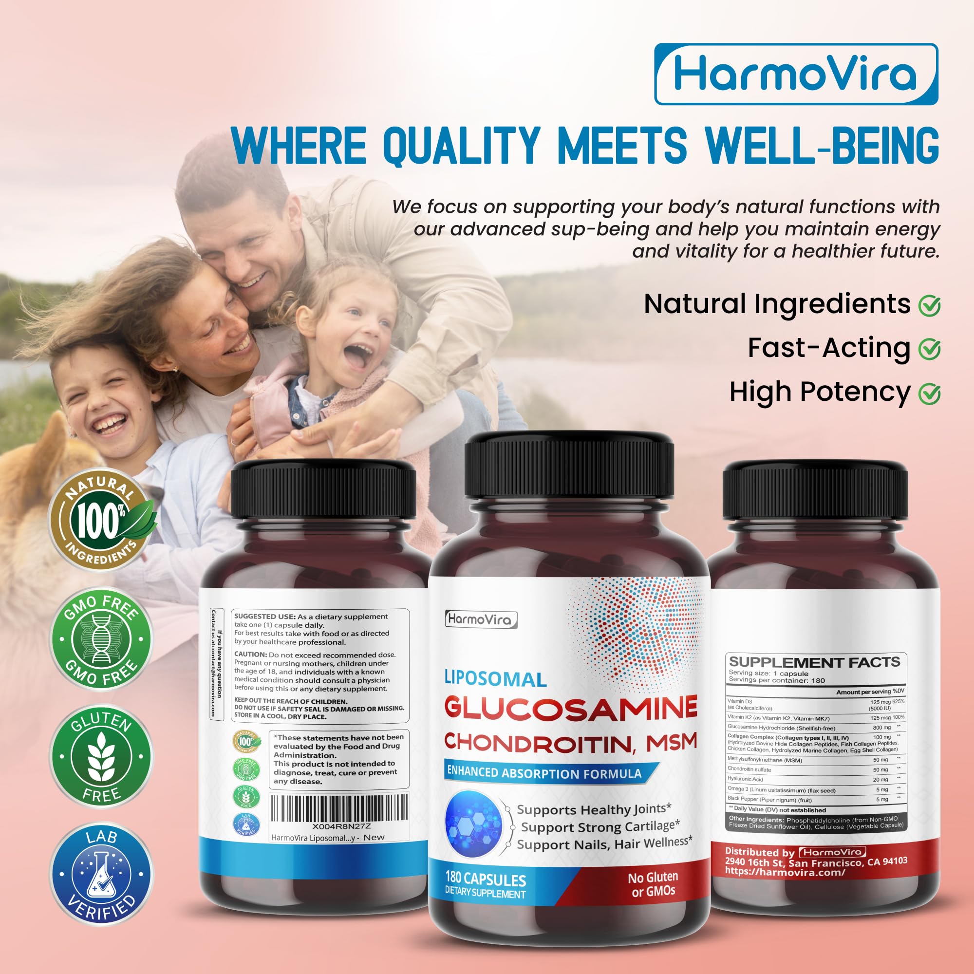 HarmoVira Glucosamine Chondroitin MSM Supplement bottle top view