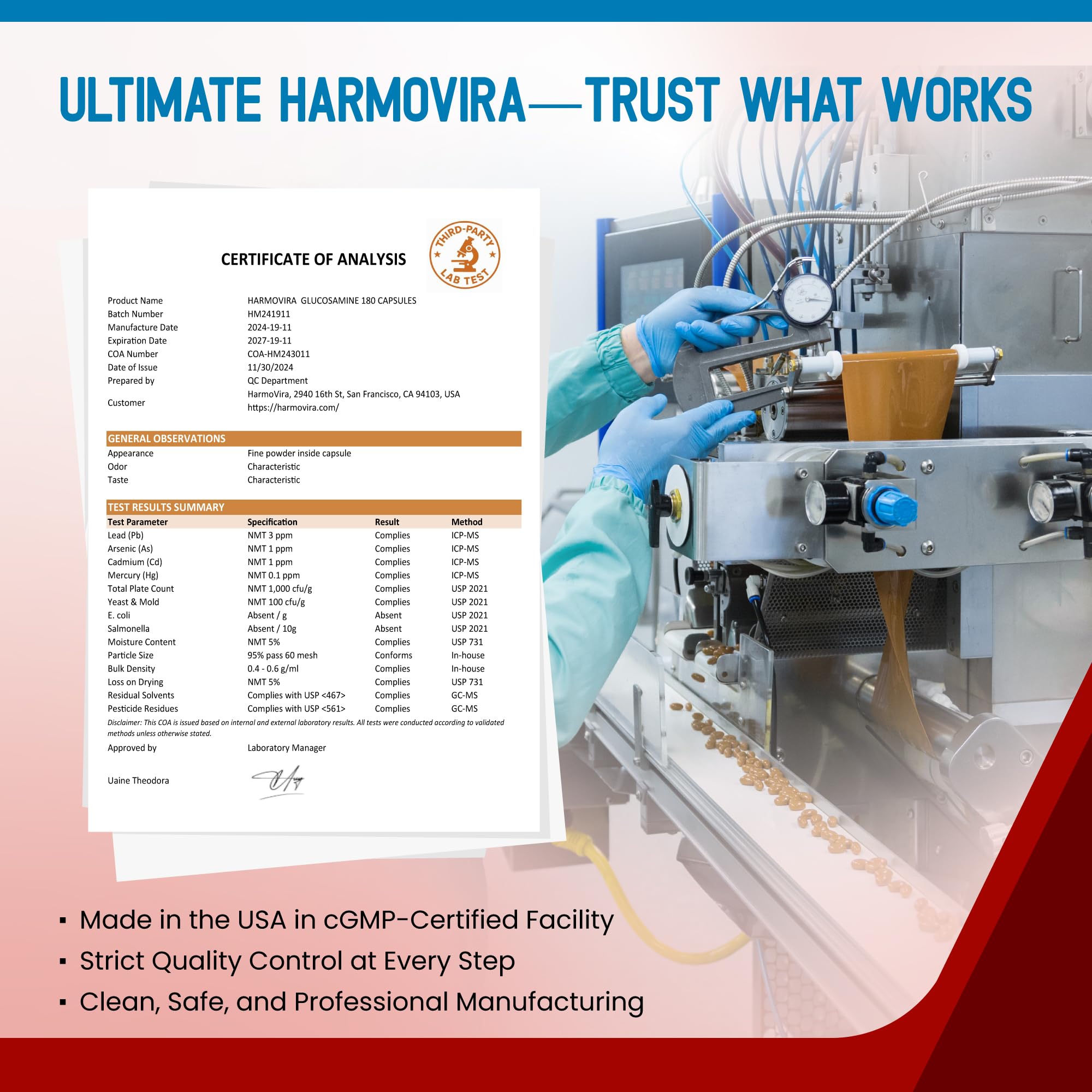 HarmoVira Glucosamine Chondroitin MSM Supplement with a measuring spoon