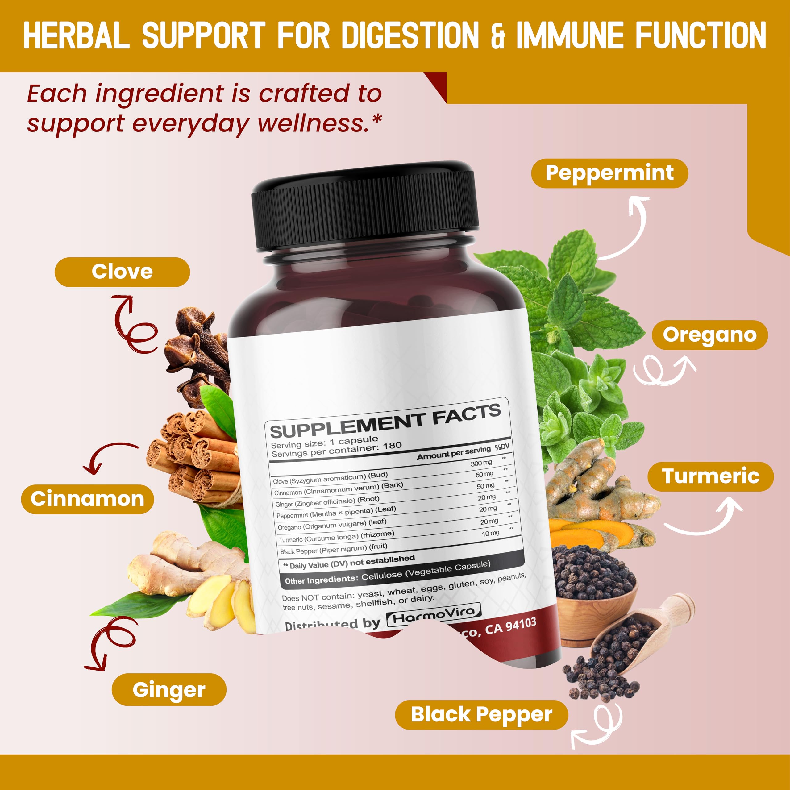 HarmoVira Liposomal Cloves Supplement capsules on a wooden table