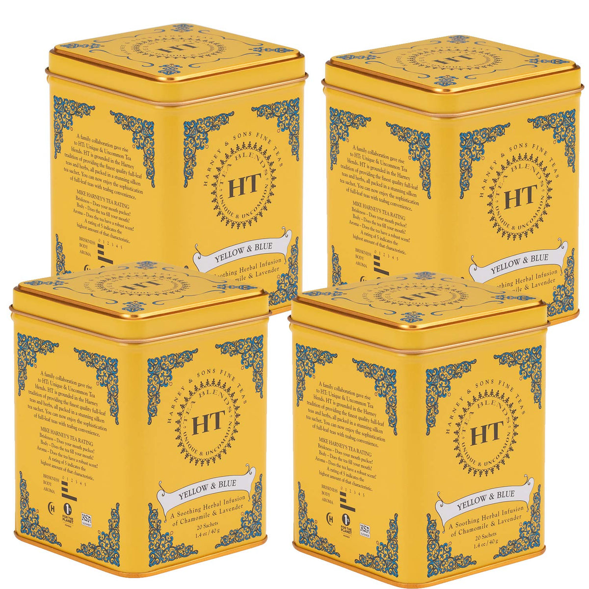 Harney & Sons Yellow & Blue Herbal Tea sachets packaging front view