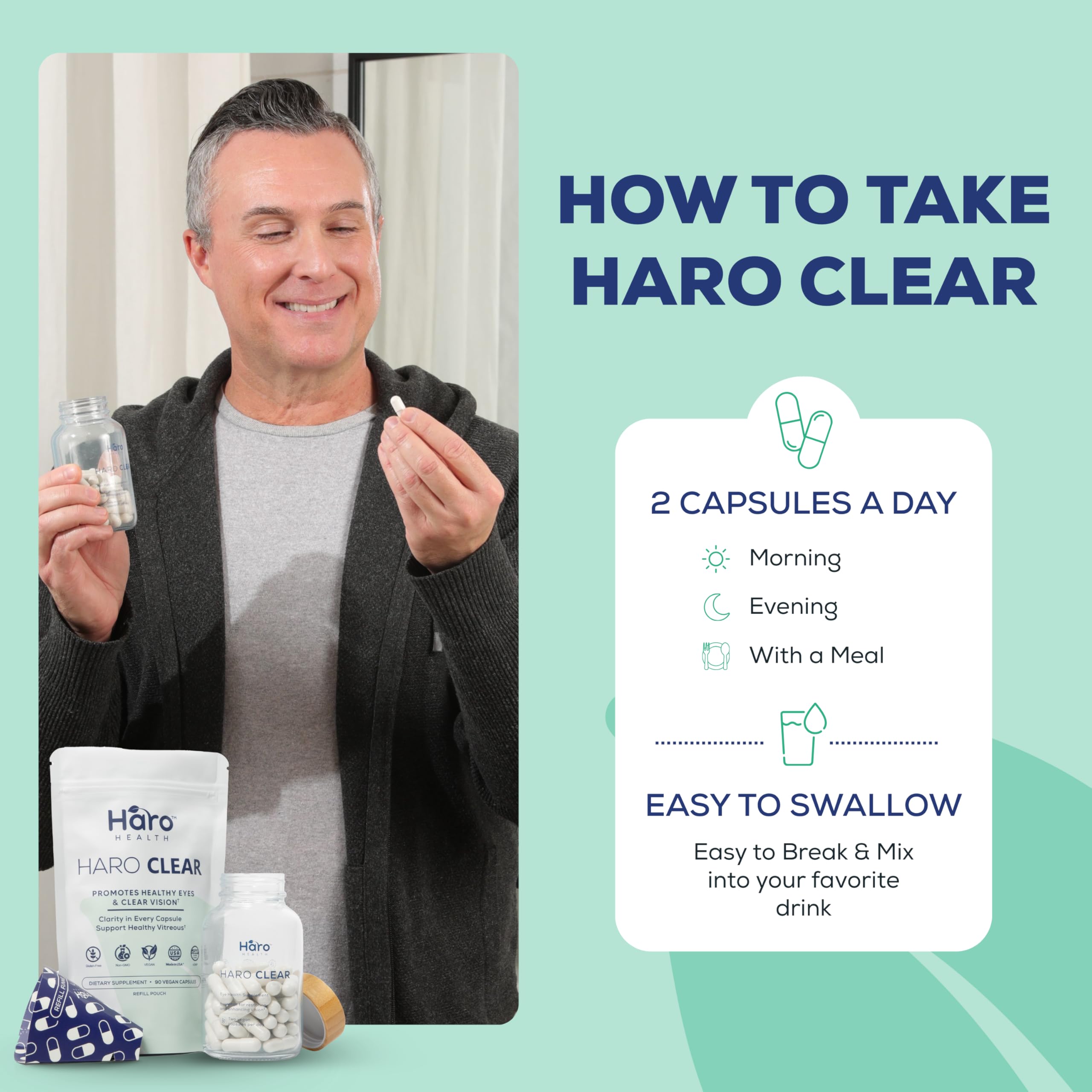 Haro Health Eye Health Supplement displayed with a glass of water