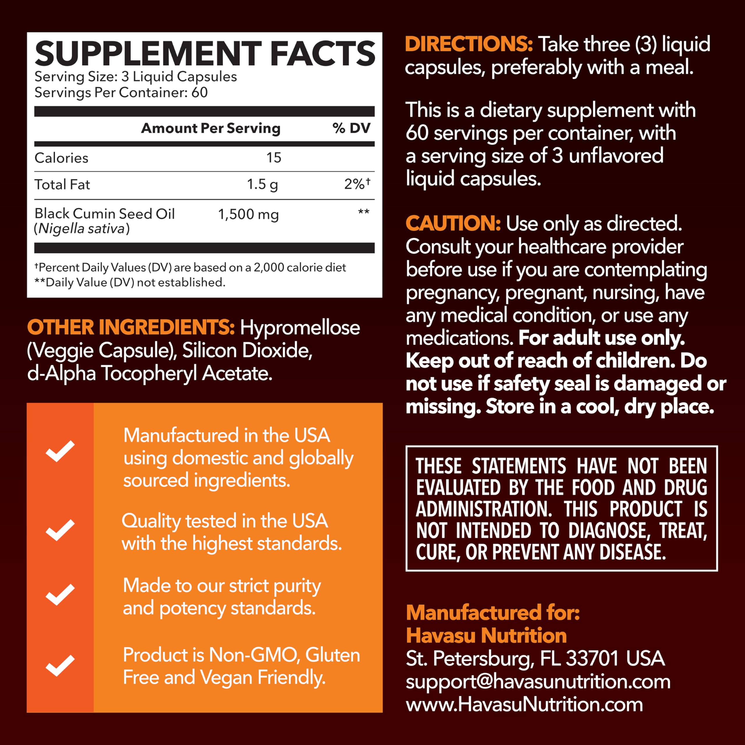 HAVASU NUTRITION Black Seed Oil Capsules 1500mg side view