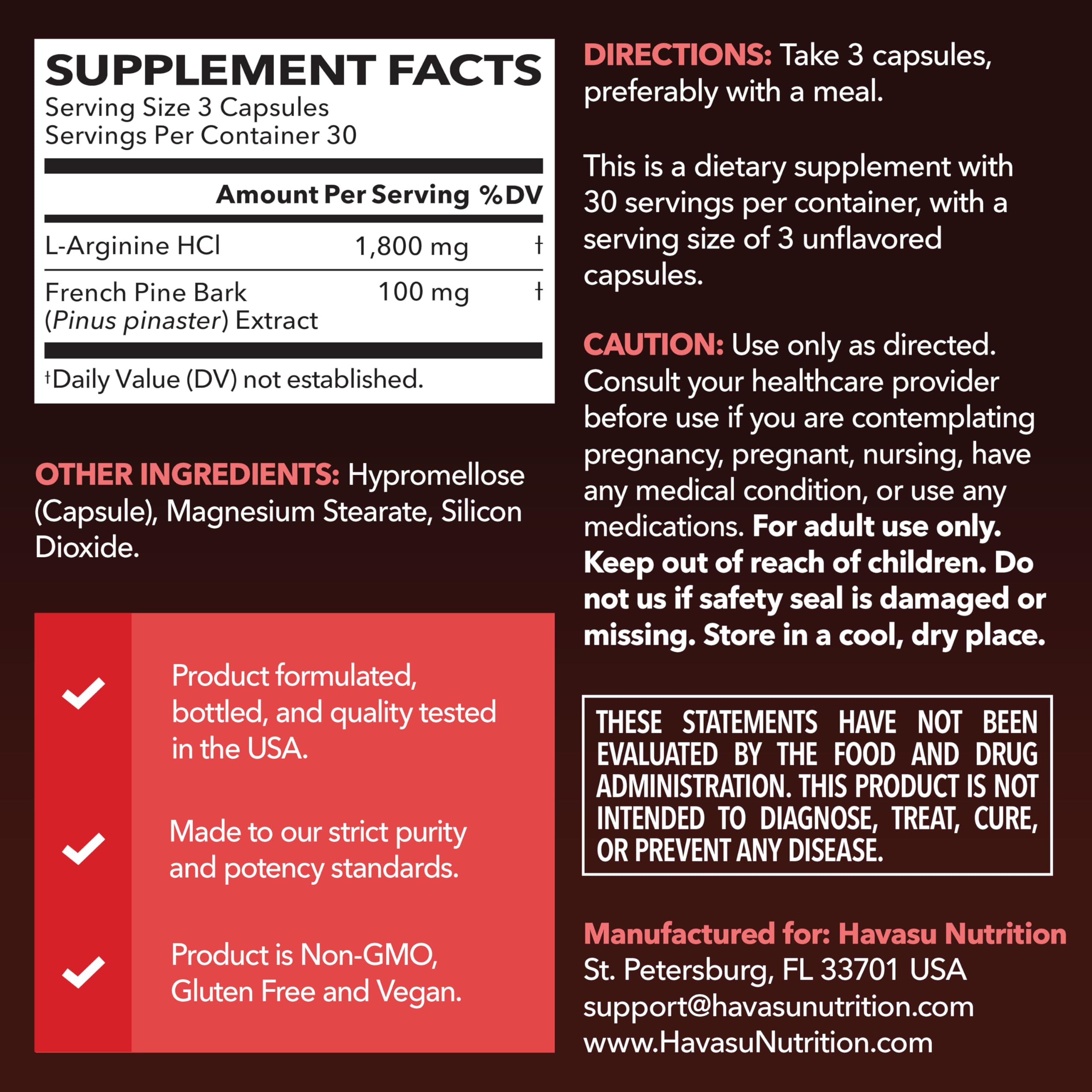 HAVASU NUTRITION L-Arginine Capsules 1800mg side view