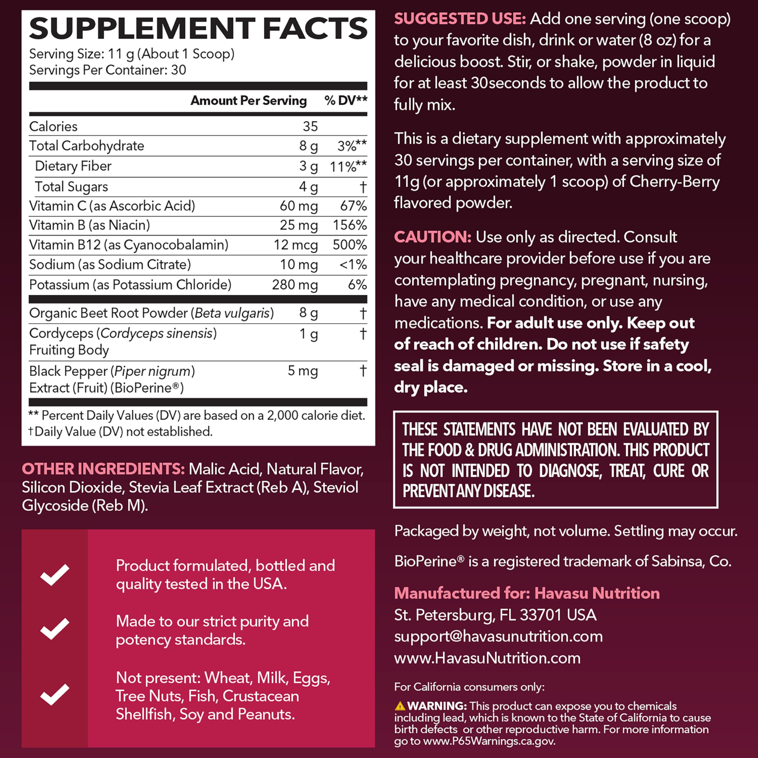 HAVASU NUTRITION L-Arginine Organic Beet Root Powder packaging