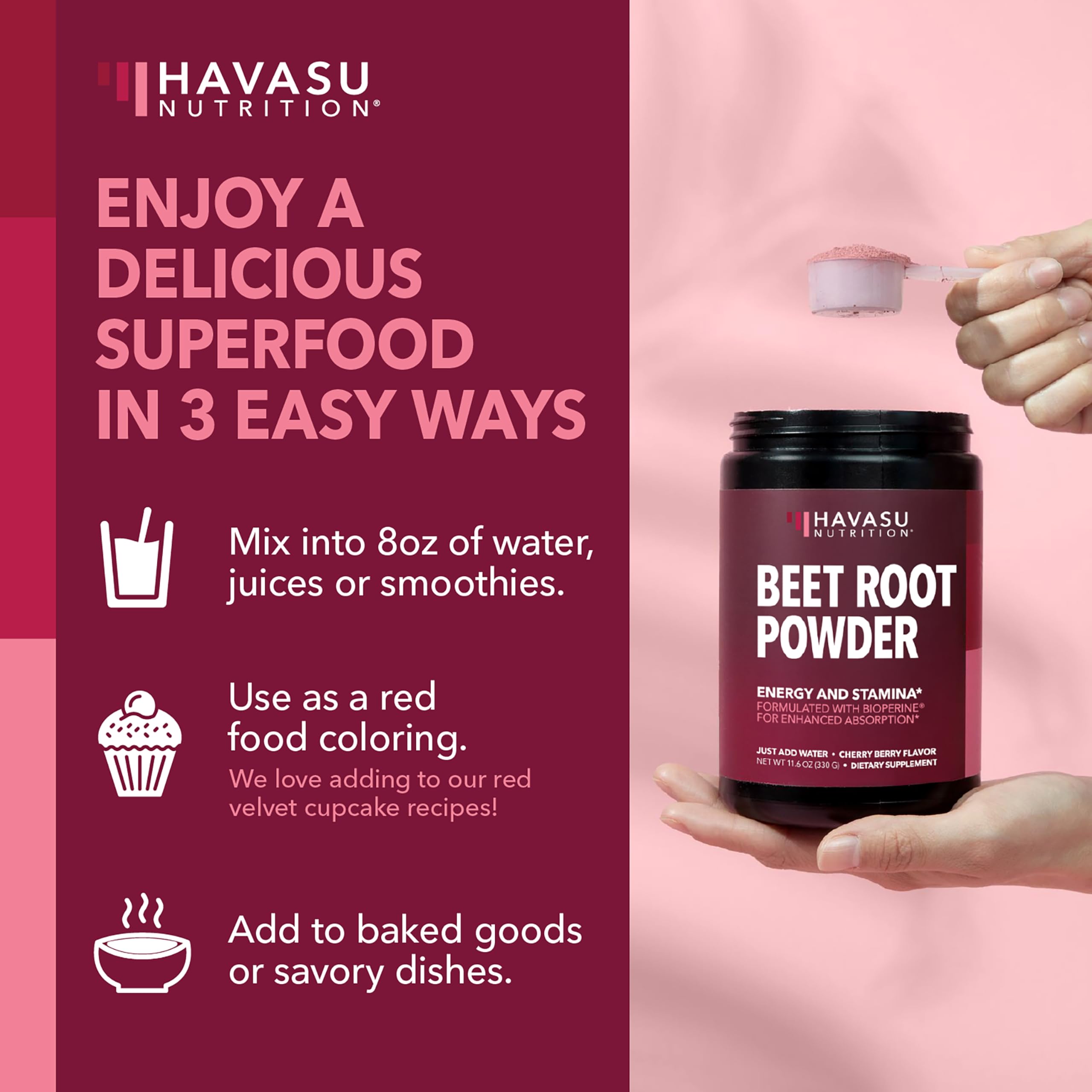 HAVASU NUTRITION L-Arginine Organic Beet Root Powder with fresh fruits