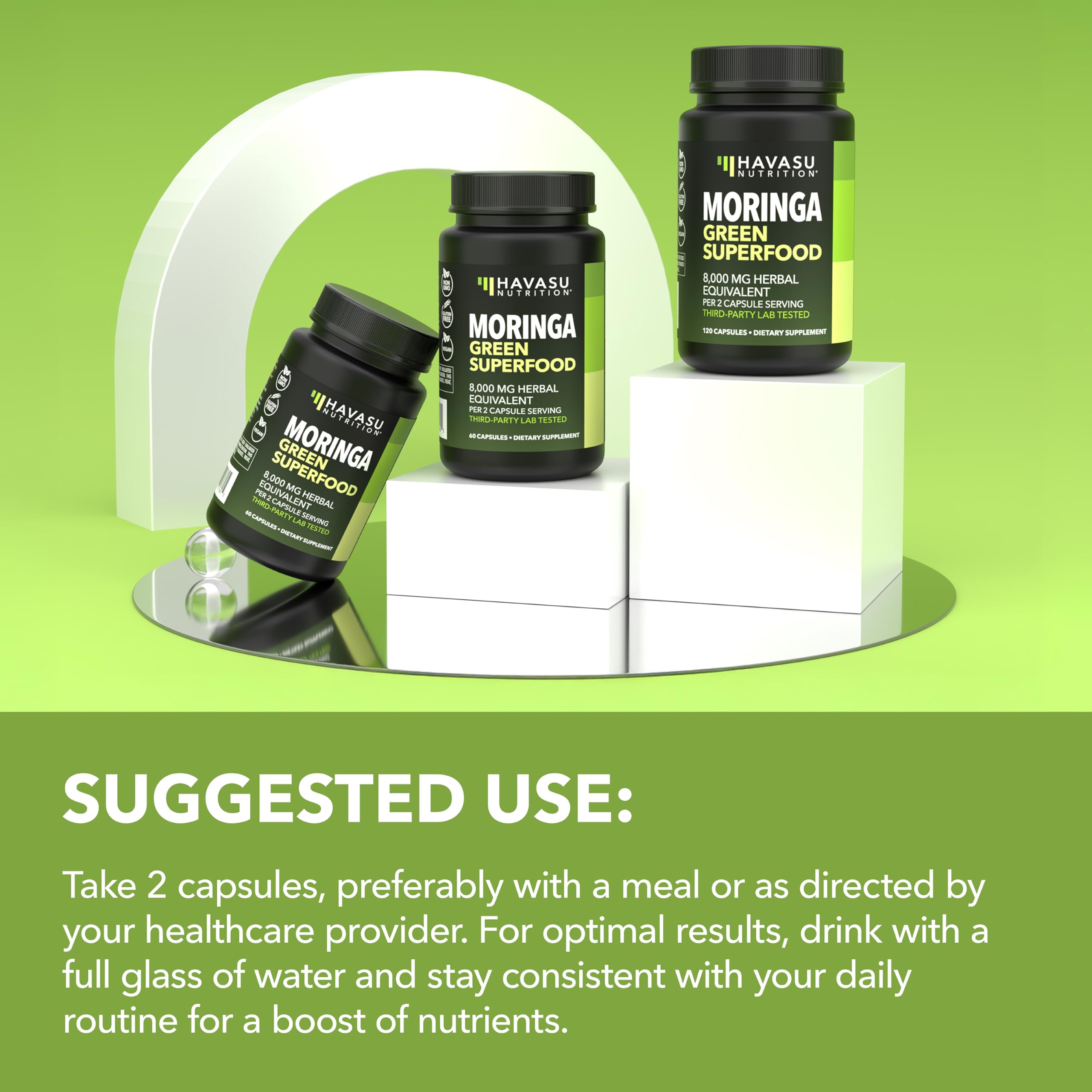 HAVASU NUTRITION Moringa Leaf Extract Capsules on a wooden table