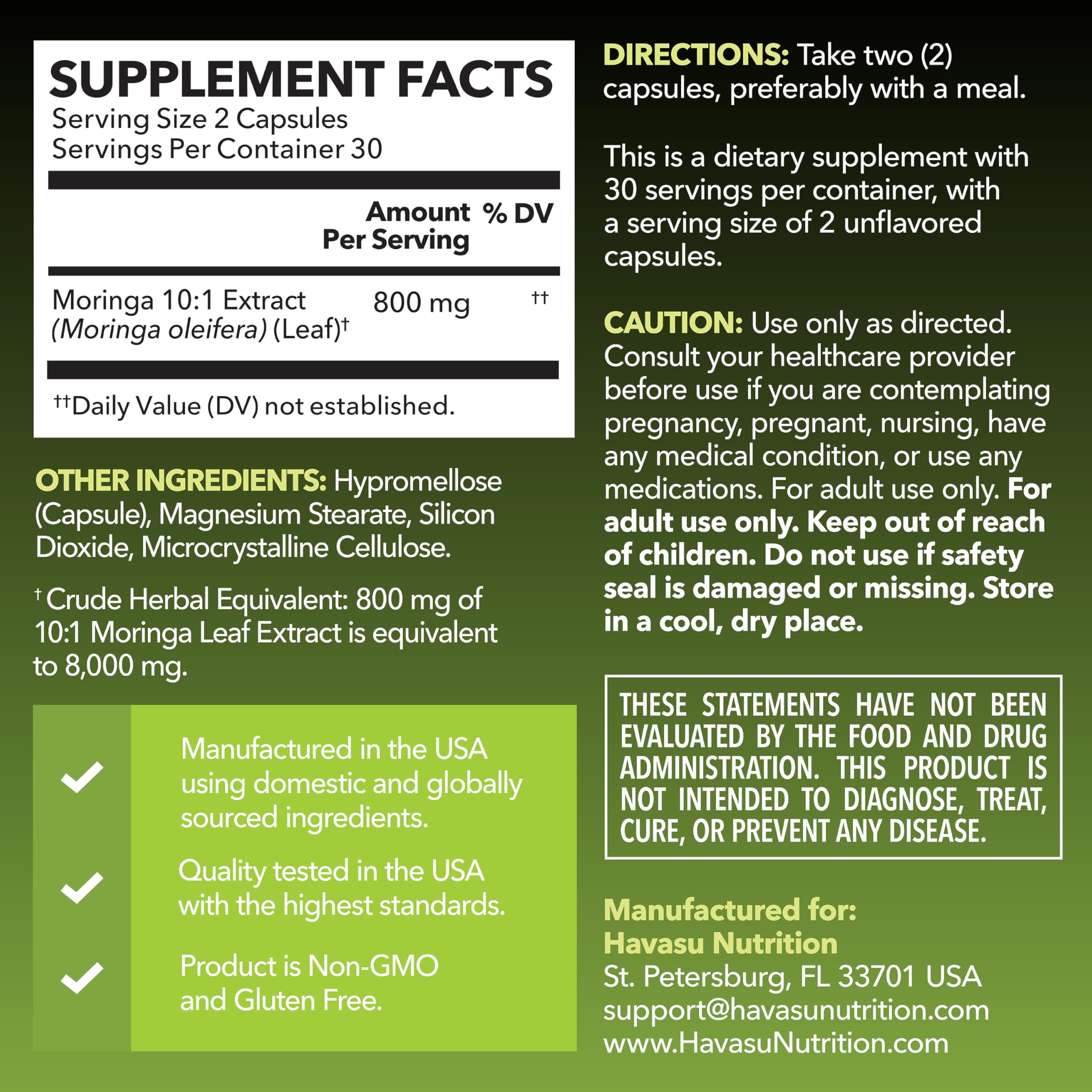 HAVASU NUTRITION Moringa Leaf Extract Capsules showing dosage information