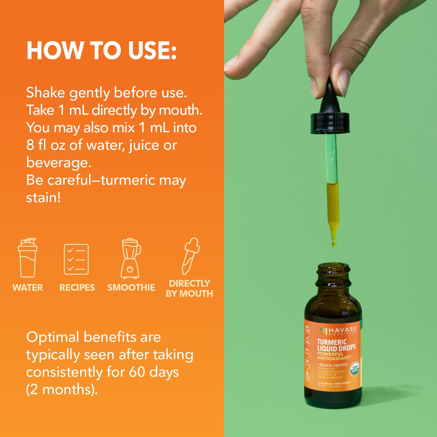 HAVASU NUTRITION Organic Turmeric Liquid Supplement liquid drops in a spoon