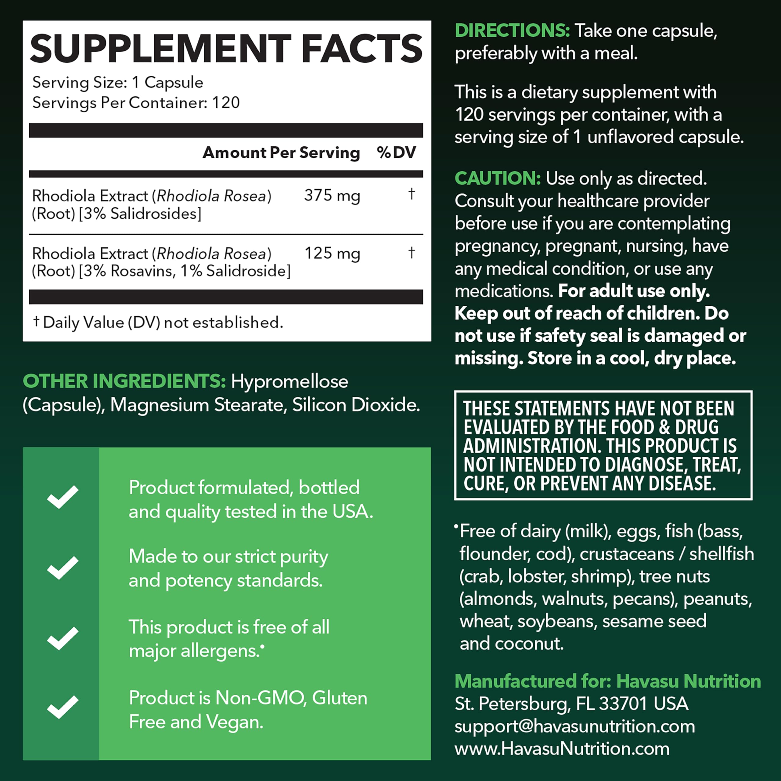 HAVASU NUTRITION Rhodiola Rosea Extract 375mg capsules side view