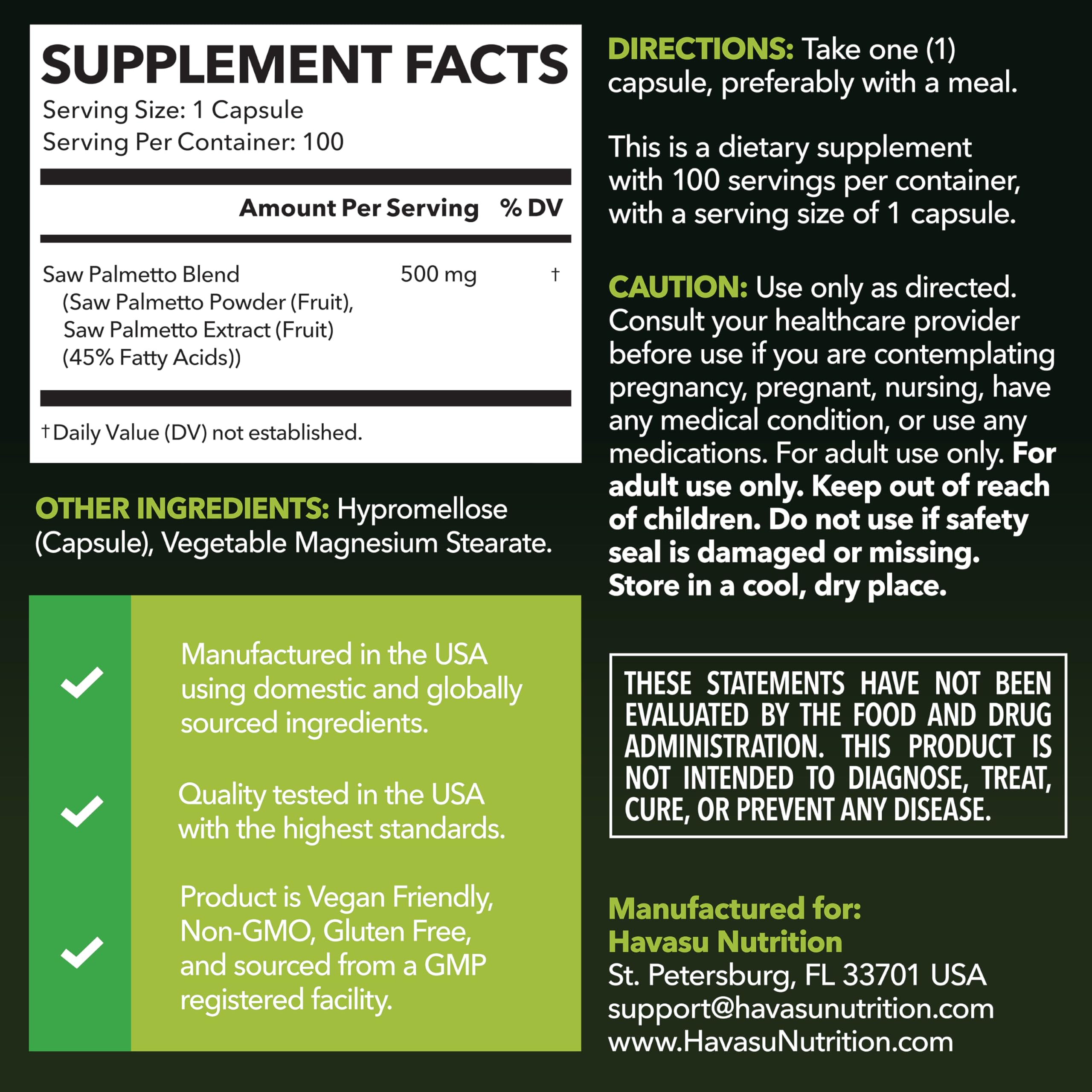 HAVASU NUTRITION Saw Palmetto Capsules 500mg side view