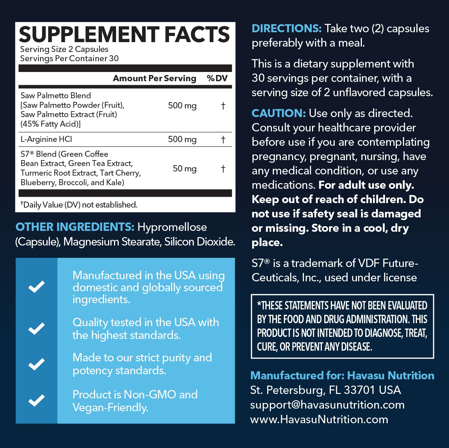 HAVASU NUTRITION Saw Palmetto & L-Arginine supplement bottle side view