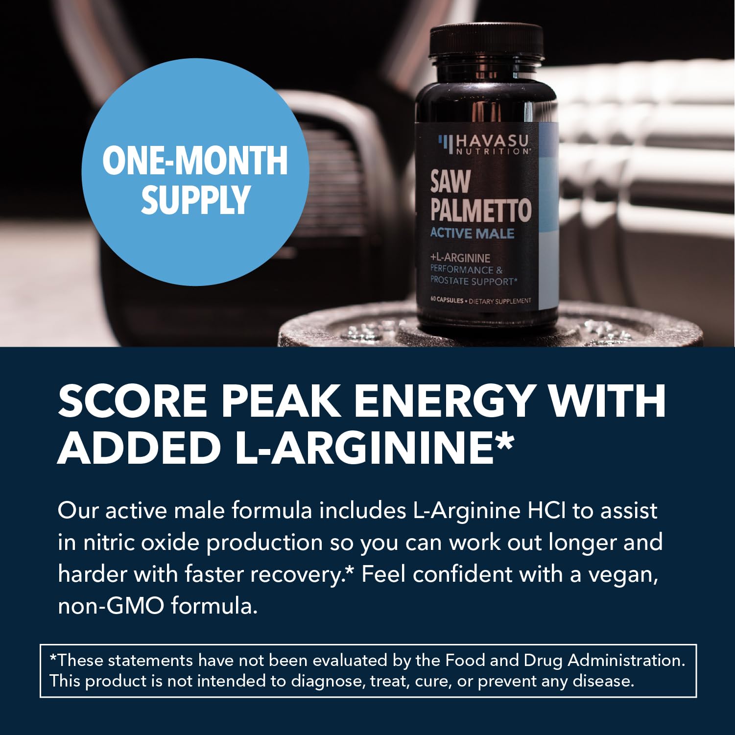 HAVASU NUTRITION Saw Palmetto & L-Arginine supplement on a wooden table