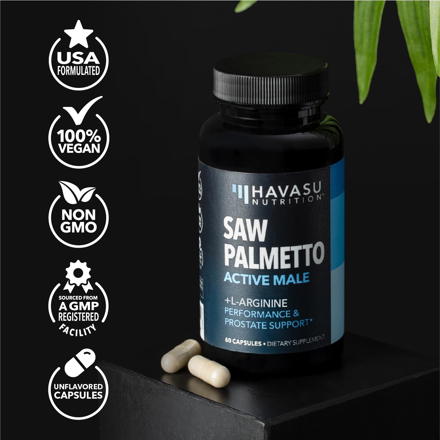 HAVASU NUTRITION Saw Palmetto & L-Arginine supplement with a measuring spoon
