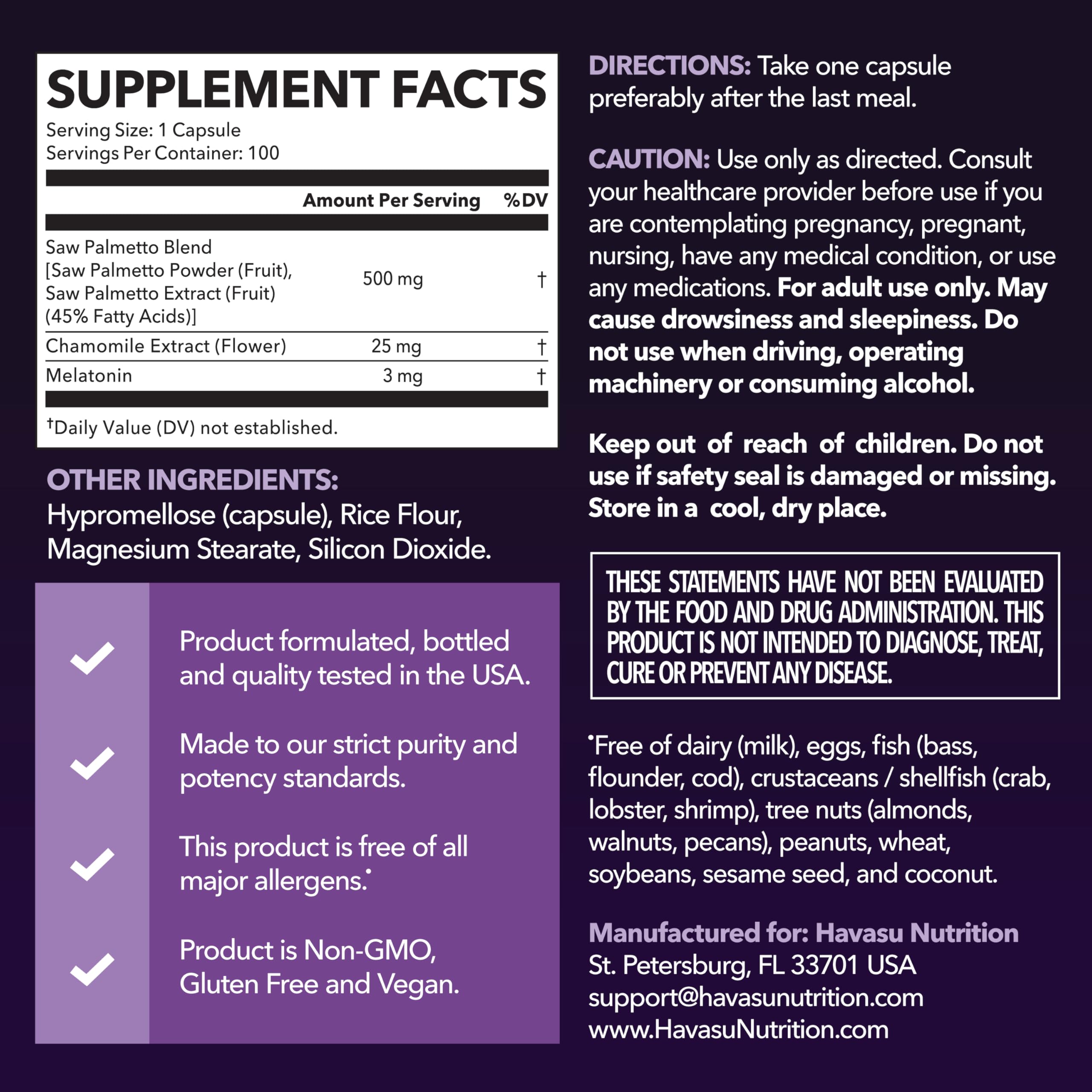 HAVASU NUTRITION Saw Palmetto PM Capsules back view