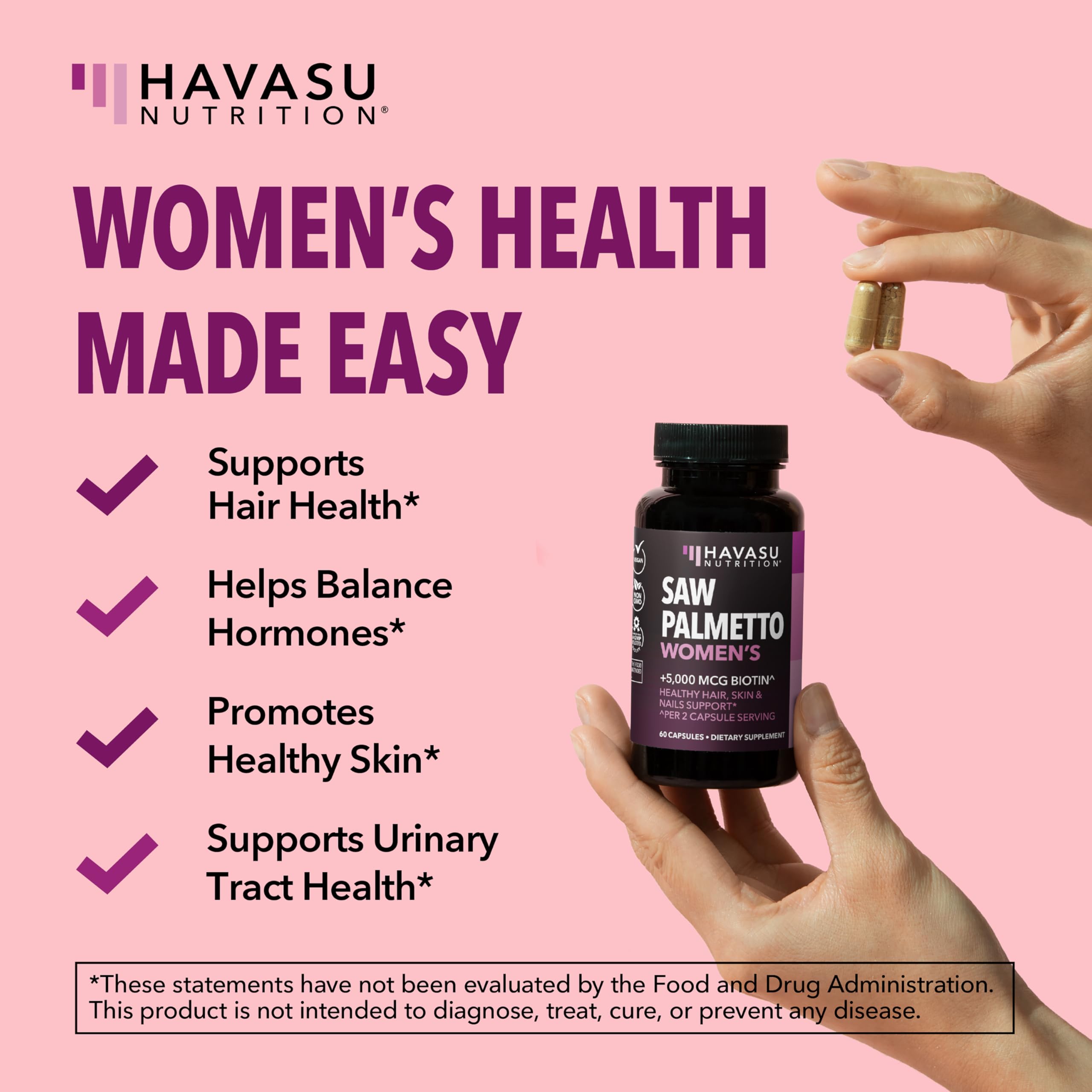 HAVASU NUTRITION Womens Saw Palmetto 1500mg + Biotin 5000mcg capsules close-up