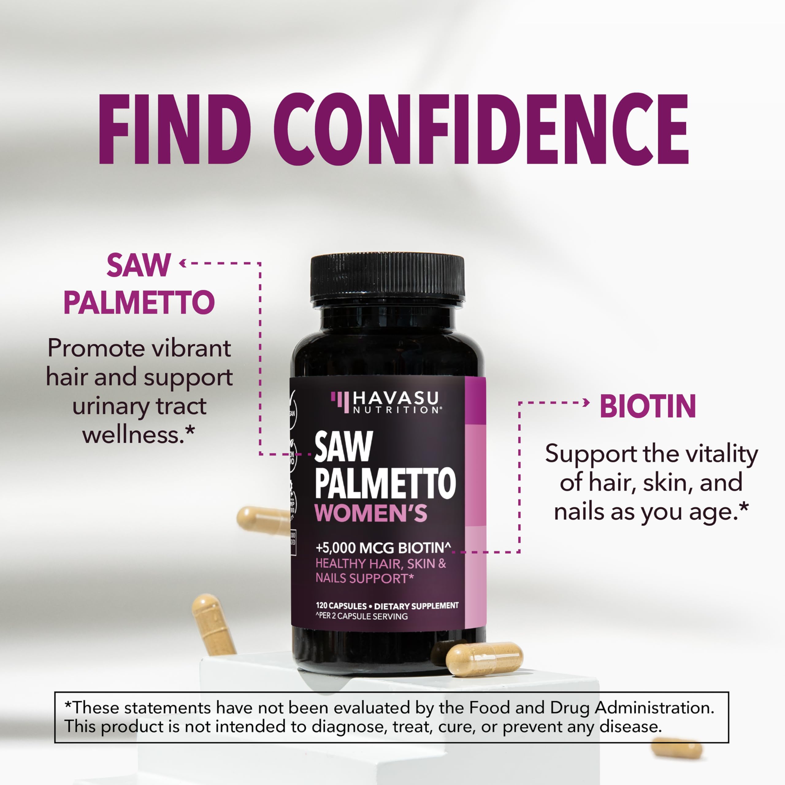 HAVASU NUTRITION Womens Saw Palmetto 1500mg + Biotin 5000mcg capsules in hand