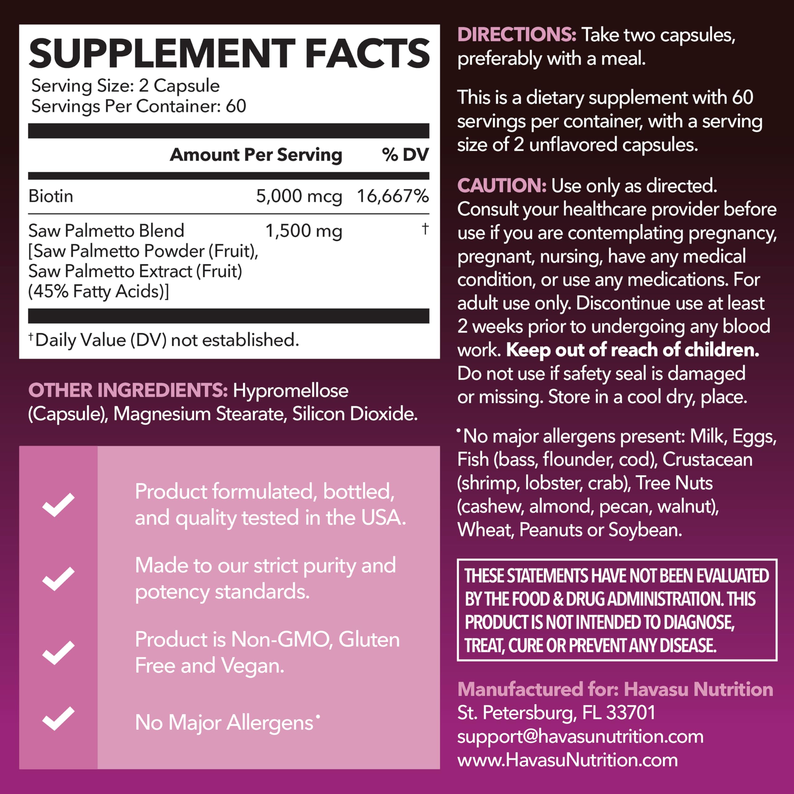 HAVASU NUTRITION Womens Saw Palmetto 1500mg + Biotin 5000mcg side view