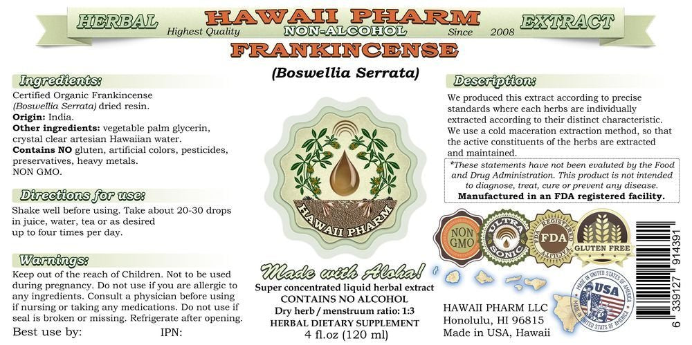 Hawaii Pharm Frankincense Alcohol-Free Extract 140g side view with clear label