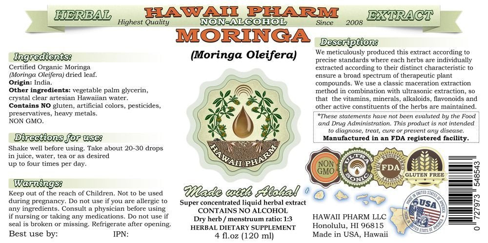 Hawaii Pharm Moringa NON-Alcohol Liquid Extract bottle side view