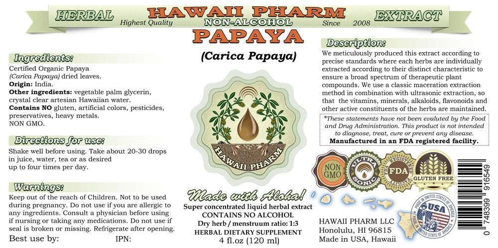 Hawaii Pharm Papaya Leaf Extract 141g back view with ingredients