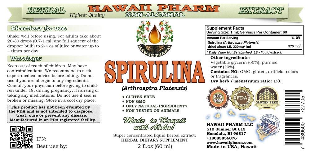 Hawaii Pharm Spirulina Non-Alcohol Liquid Extract 57g back view with ingredients