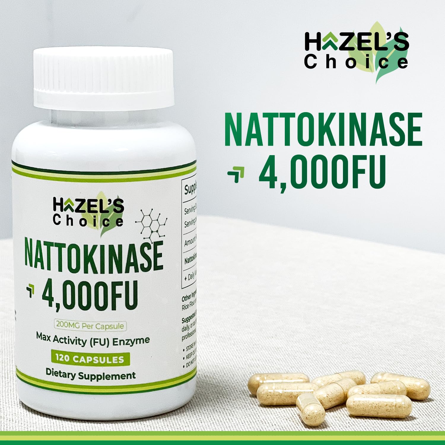 HAZEL'S Choice Nattokinase 4000 FU capsules bottle with label
