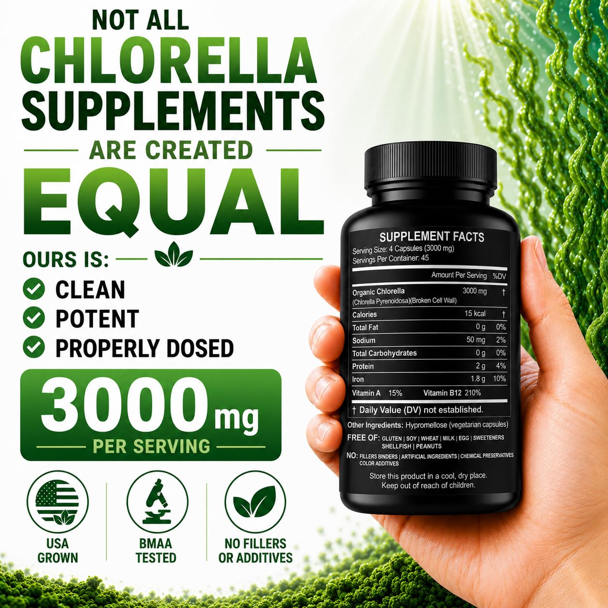 HCL HERBAL CODE LABS Chlorella Capsules side view