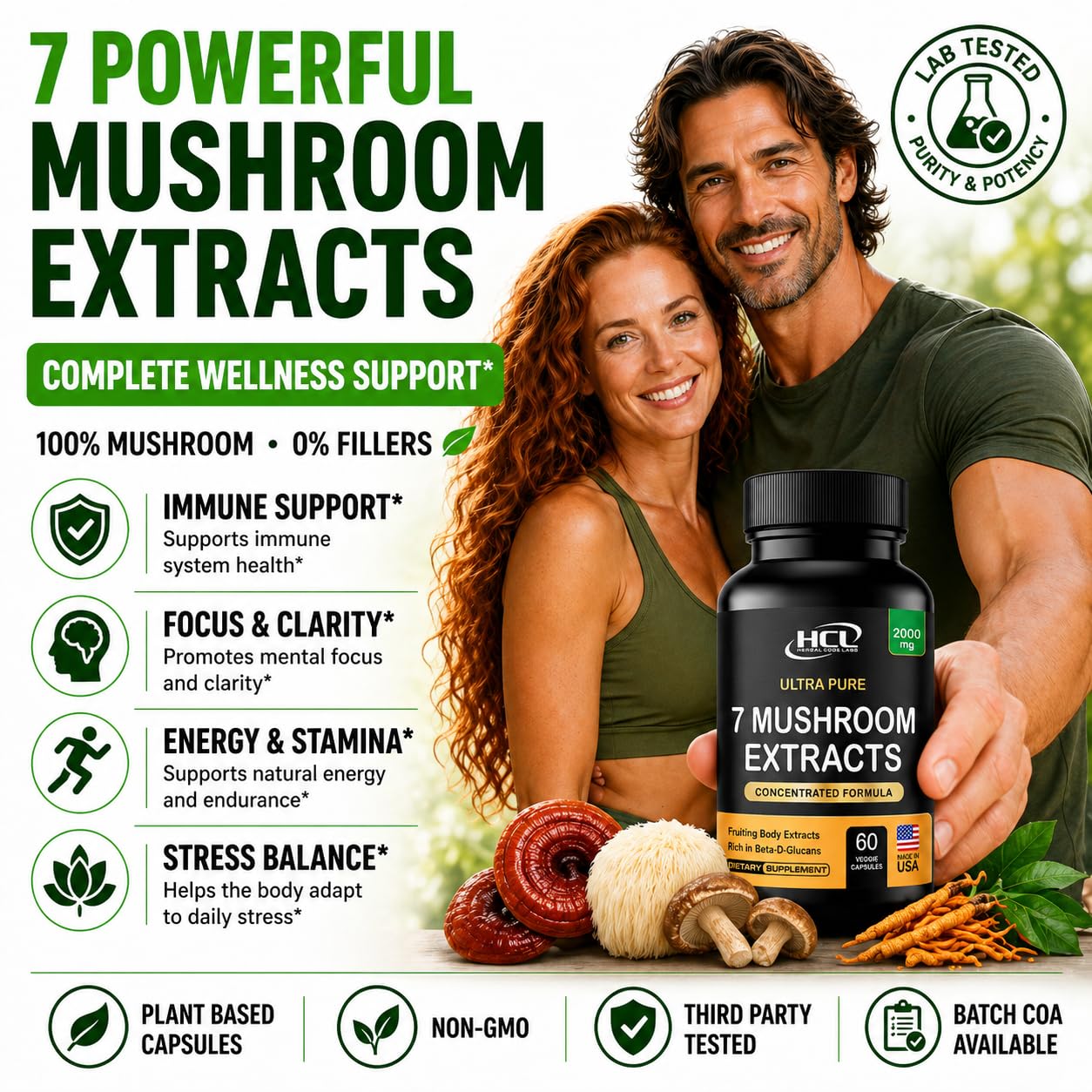 HCL HERBAL CODE LABS Mushroom Capsules 2000mg close-up of capsules