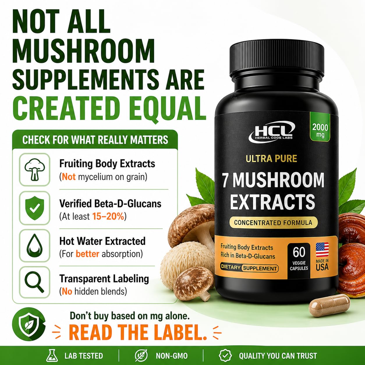 HCL HERBAL CODE LABS Mushroom Capsules 2000mg ingredients list