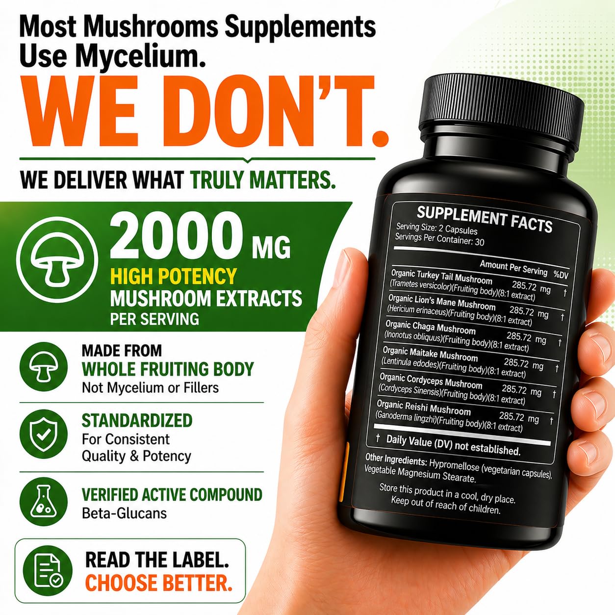 HCL HERBAL CODE LABS Mushroom Capsules 2000mg side view