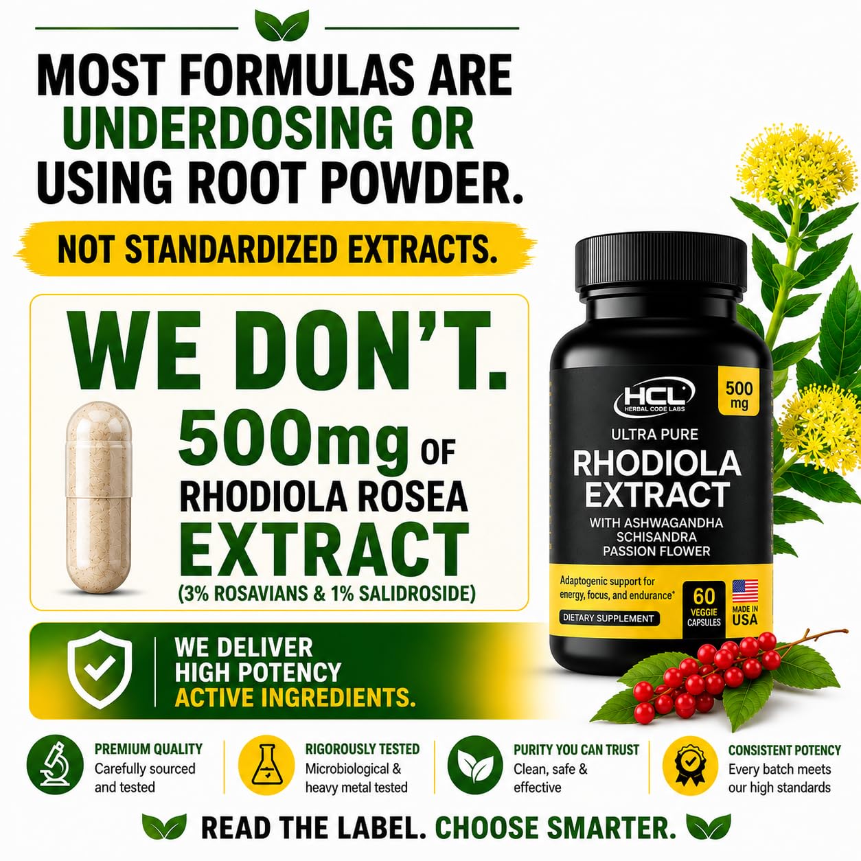 HCL HERBAL CODE LABS Rhodiola Rosea Capsules 500mg side view