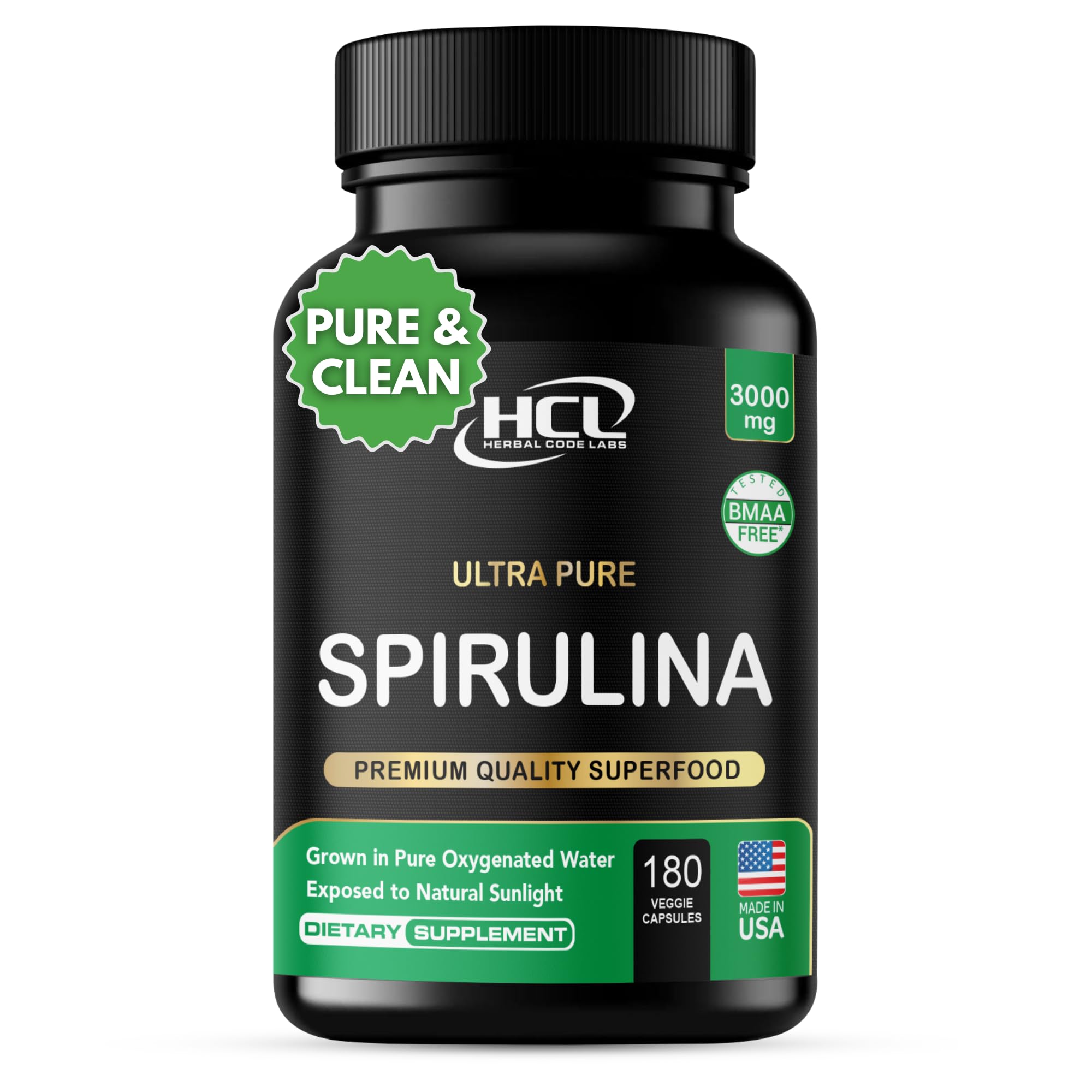 HCL HERBAL CODE LABS Spirulina Capsules front view with label