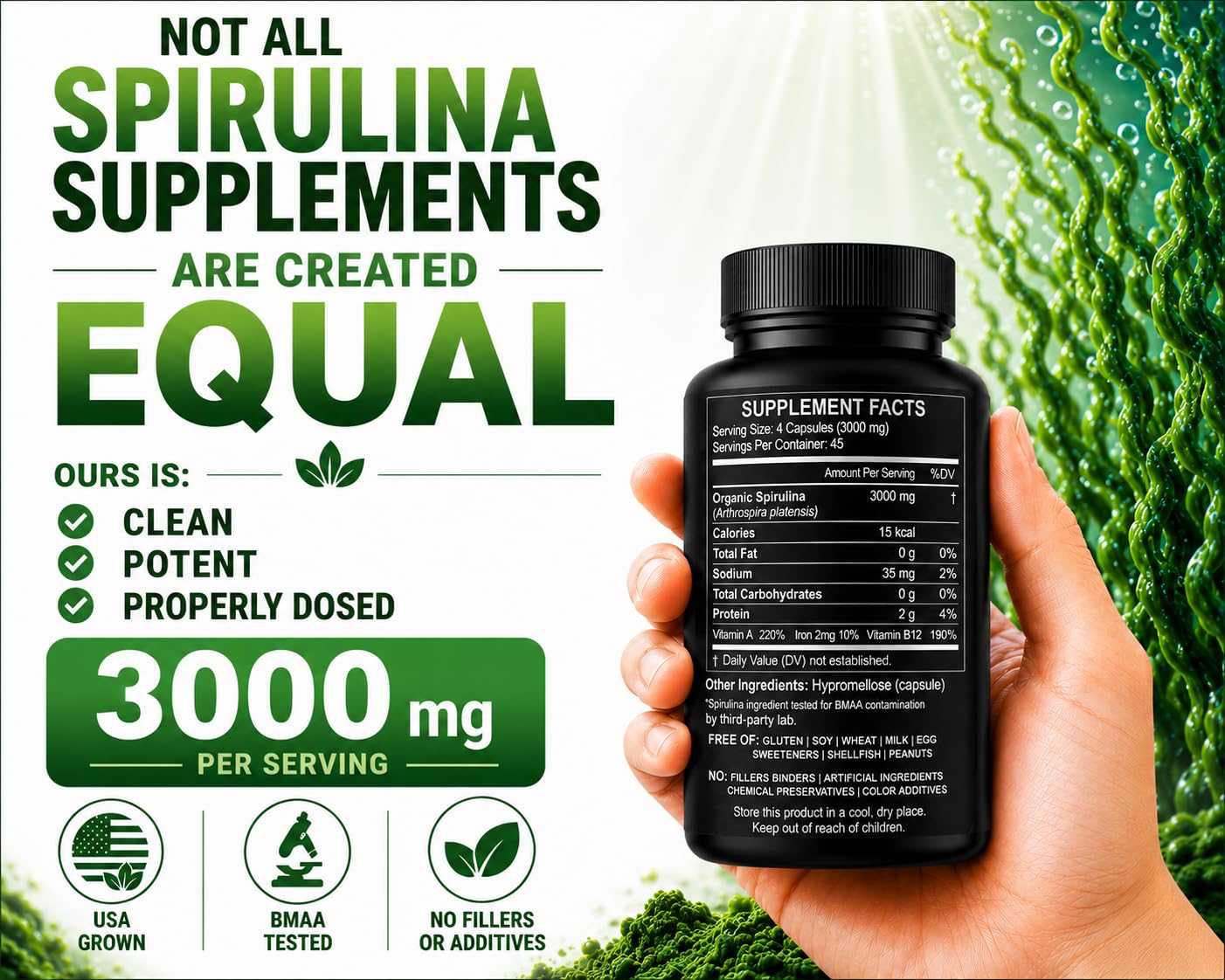 HCL HERBAL CODE LABS Spirulina Capsules side view showing capsule details