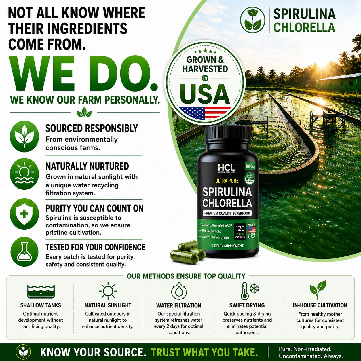 HCL HERBAL CODE LABS Spirulina Chlorella Capsules on a wooden table